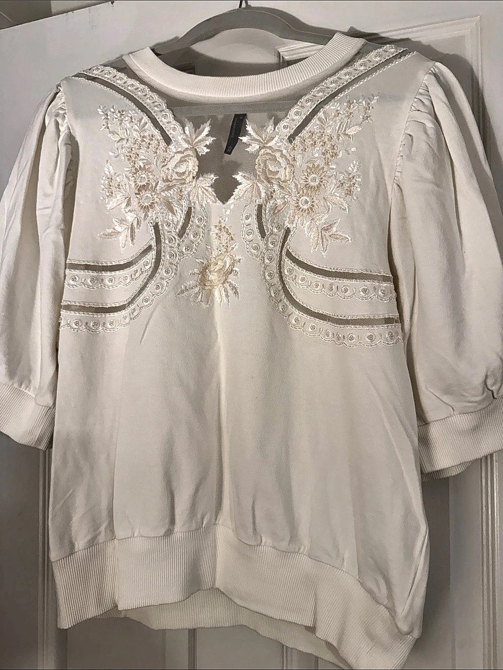 Anthropologie By Anthropologie Embroidered Puff-Sleeve Sweatshirt White